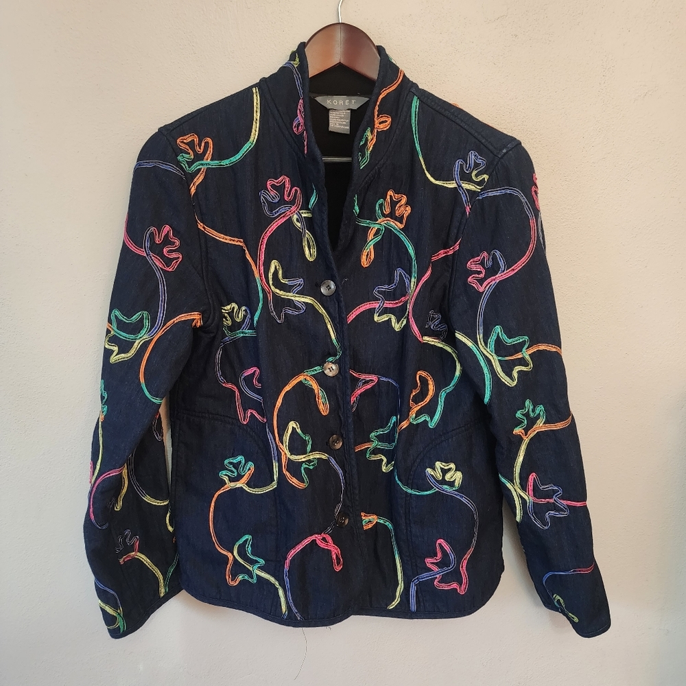 Koret denim fleece lined jacket with colorful stitching size medium